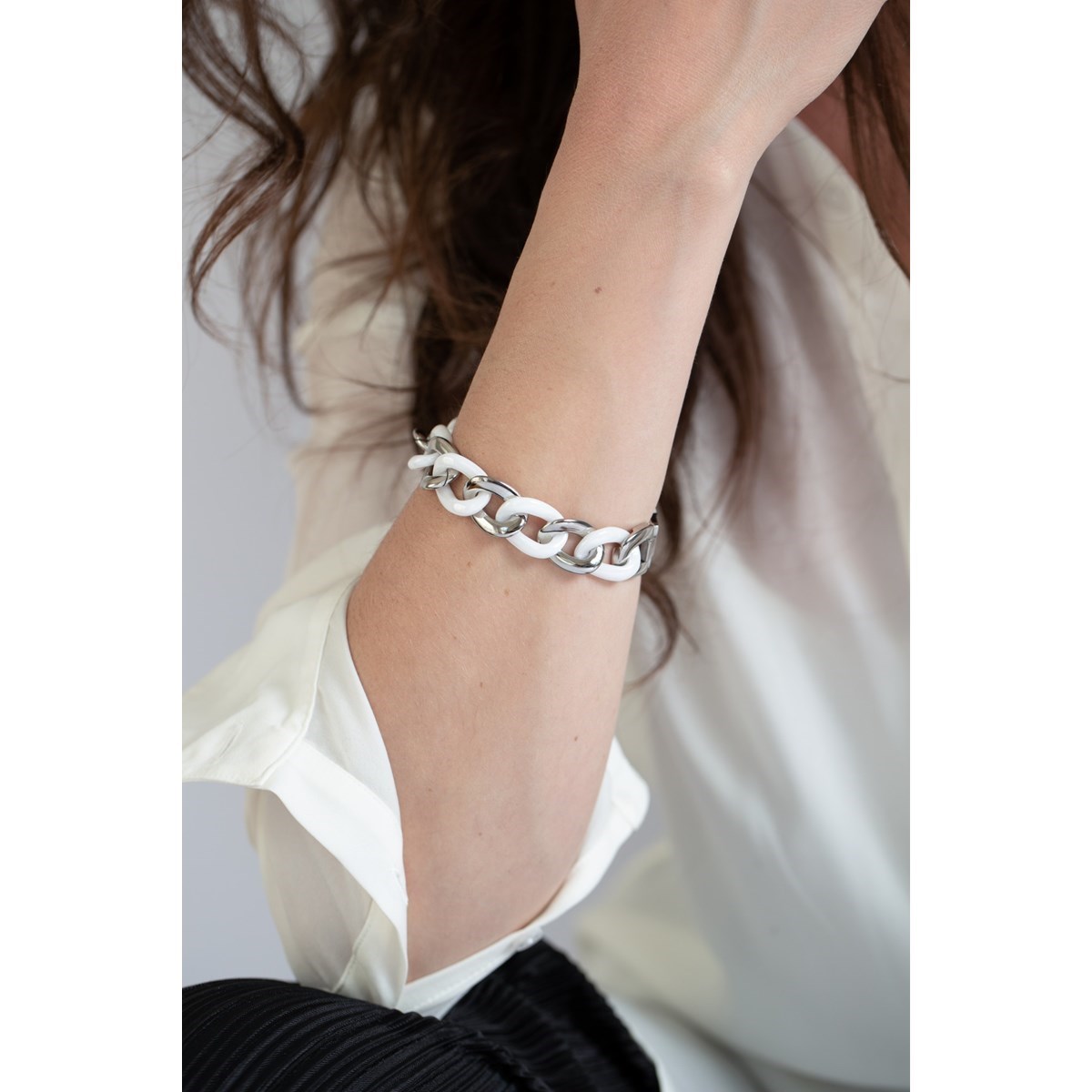 Bracelet souple multi-motifs en Acier 316L et céramique - blanc brillant