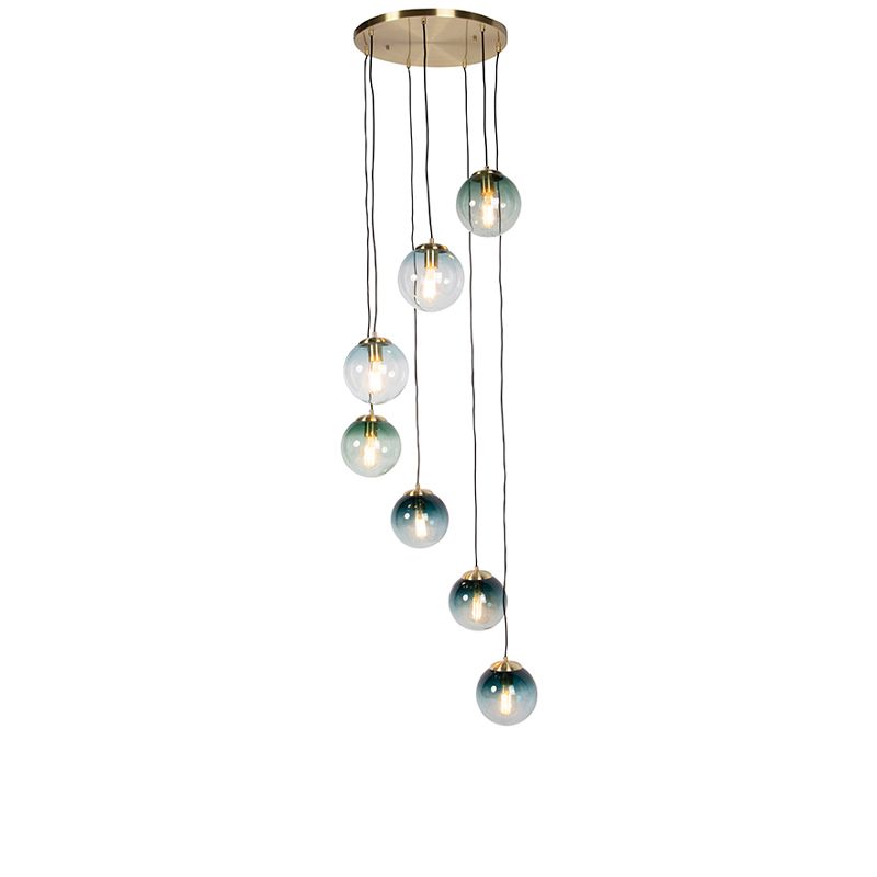 Art deco hanglamp messing met blauw glas 7-lichts - Pallon