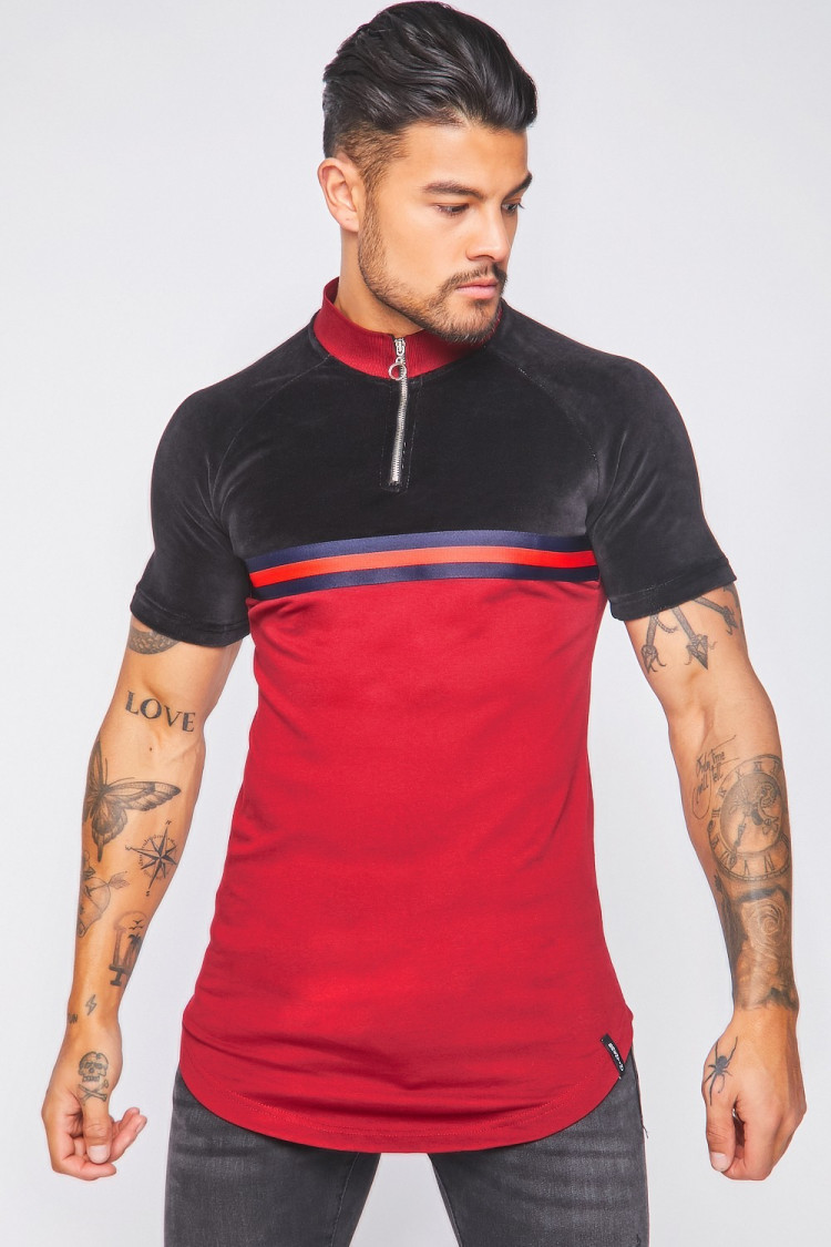 T-shirt à bandes + zip bordeaux