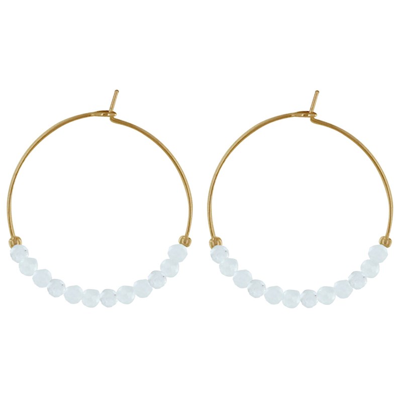 Boucles d'Oreilles Plaqué Or Créoles Perles Facettées de Pierre de Lune