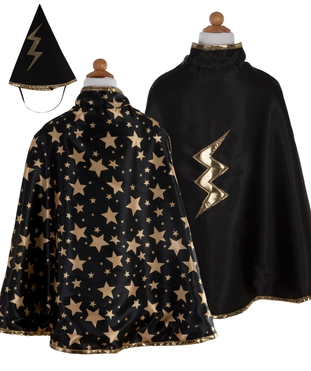 GREAT PRETENDERSDÉGUISEMENT CAPE DE MAGICIEN NOIR ET COULEUR DORÉE RÉVERSIBLE