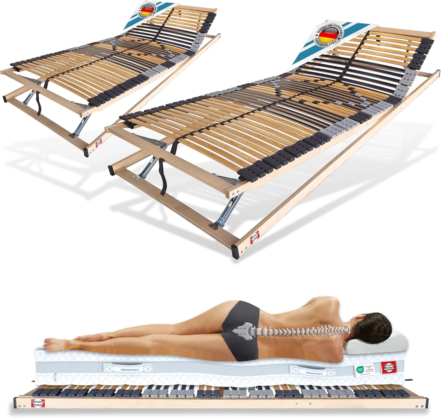 Matratzen Perfekt 2er Set Lattenrost 90x200 cm 8,5 cm Hoch 7-Zonen Rahmen mit 42 Leisten Kopf- & Fußteil verstellbar Härtegrad-Regulierung orthopädisch bis 200 kg Trio-Kautschukaufhängung