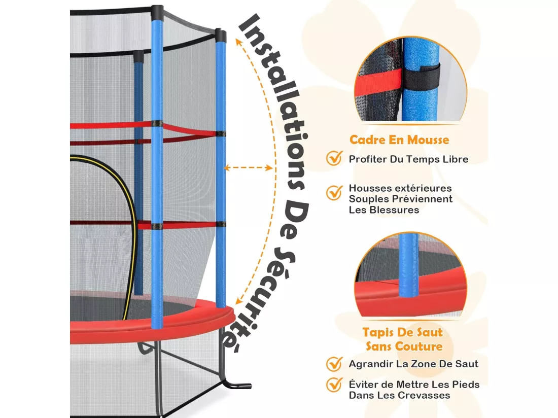 Trampoline Extérieur Enfants Ø165 CM avec Filet de Sécurité, Trampoline Enfants avec Cadre en Acier & 6 Poteaux Recouvert de Mousse, Charge Max 135kg, Bleu