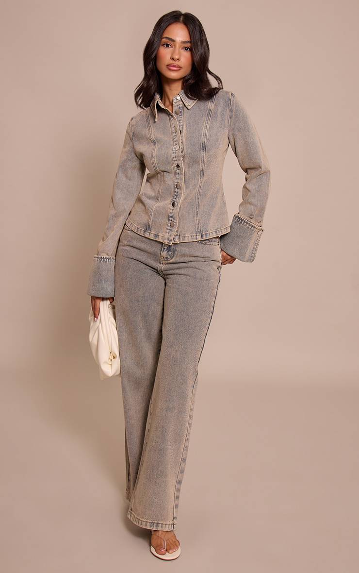 Bleu Chemise En Jean Ajustée À Manches Longues Effet Délavé Vintage Petite