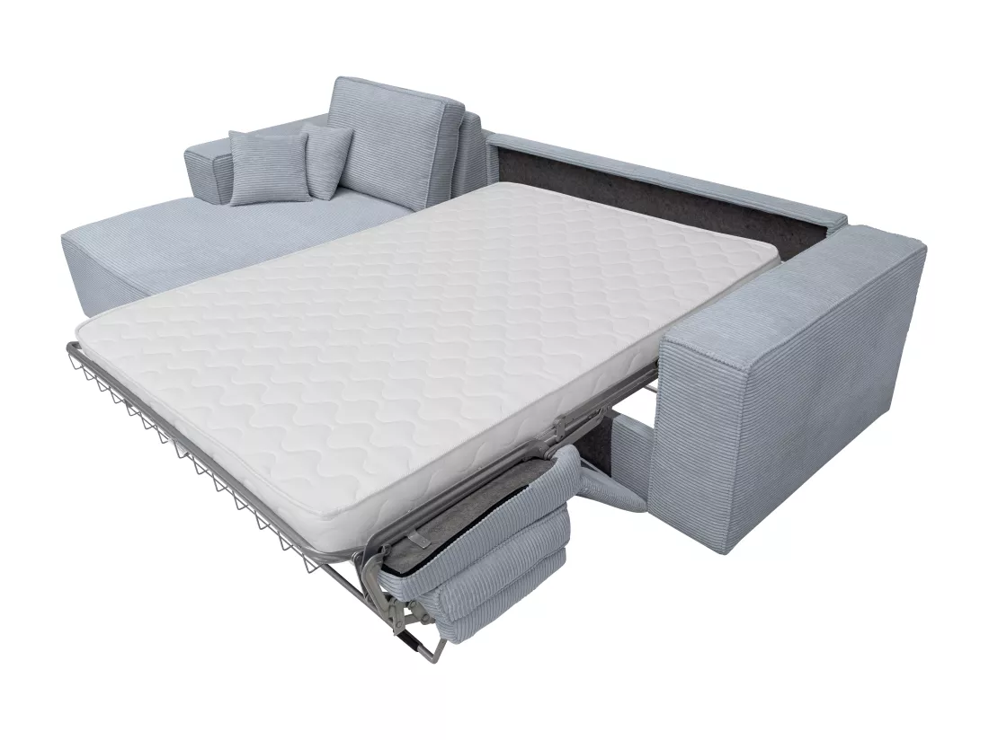 Canapé d'angle gauche convertible express en velours côtelé gris clair - Couchage 140 cm - Matelas 13 cm AMELIA II