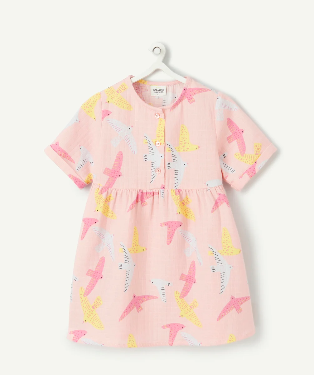 robe manches courtes bébé fille en coton bio rose et imprimé oiseaux