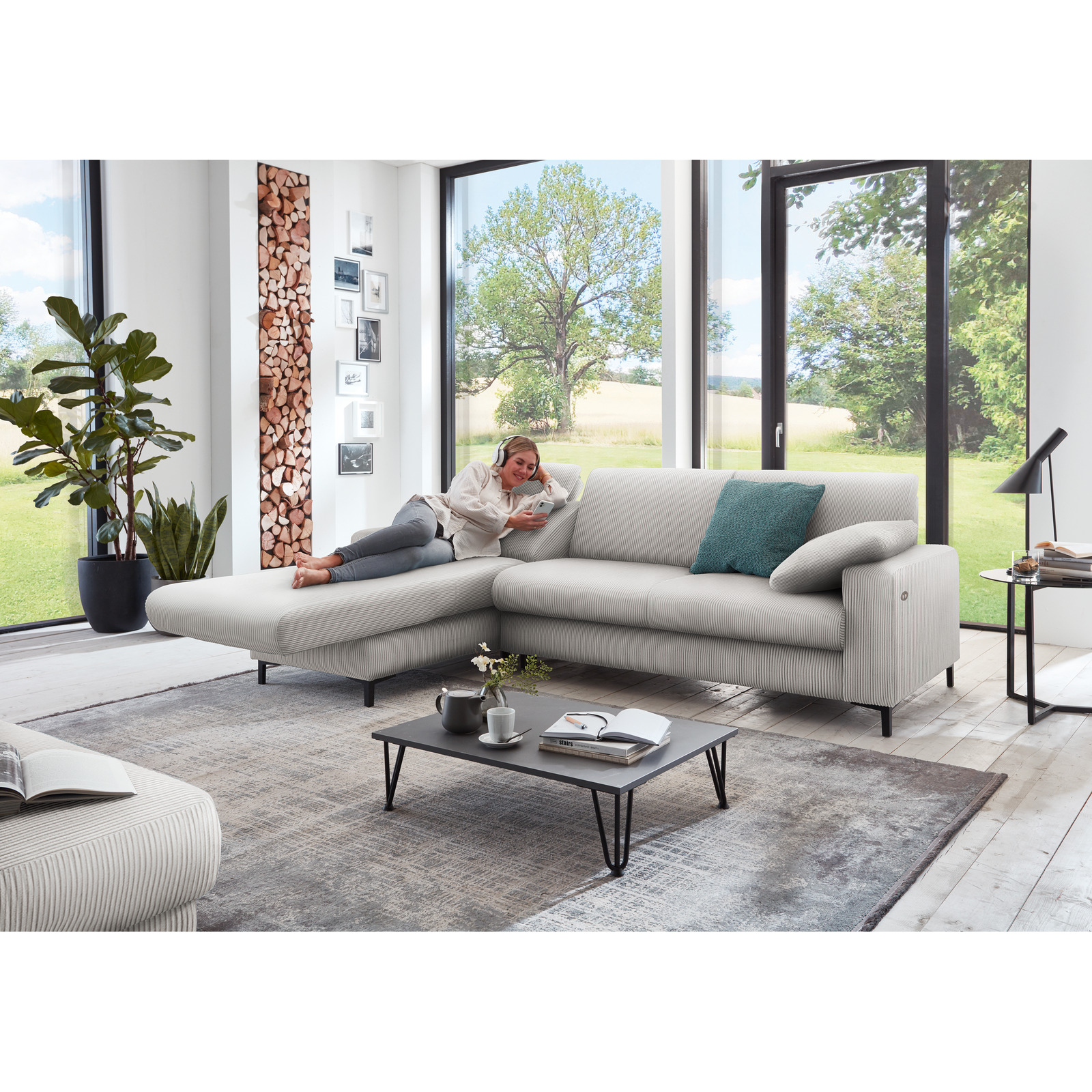 Ecksofa Hamburg, Feincord grau, motorische Relaxfunktion