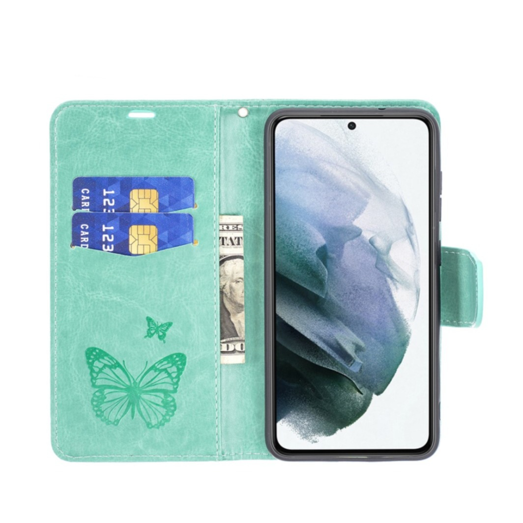 Samsung Galaxy S21 FE 5G Leder Tasche mit Kartenfach   Handschlaufe Schmetterling - Türkis