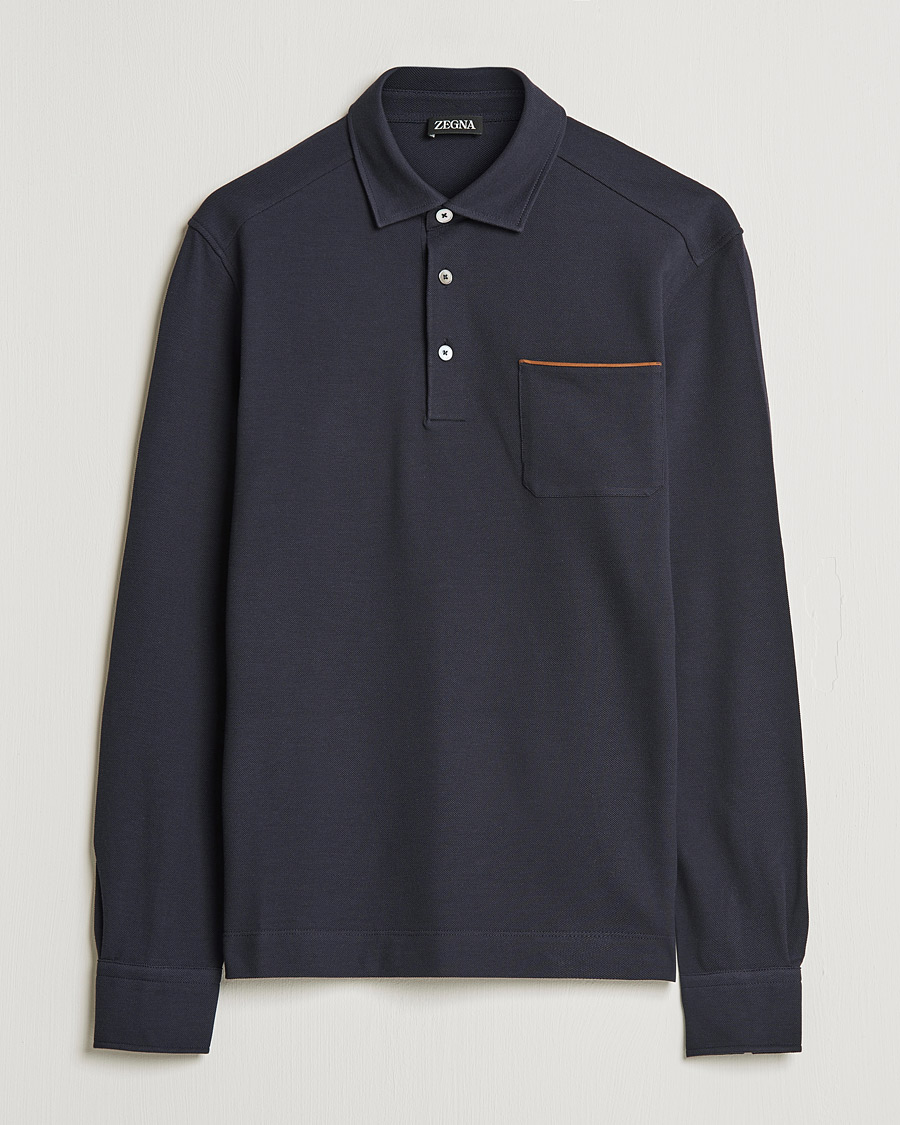 Zegna Long Sleeve Cotton Piquet Polo Navy