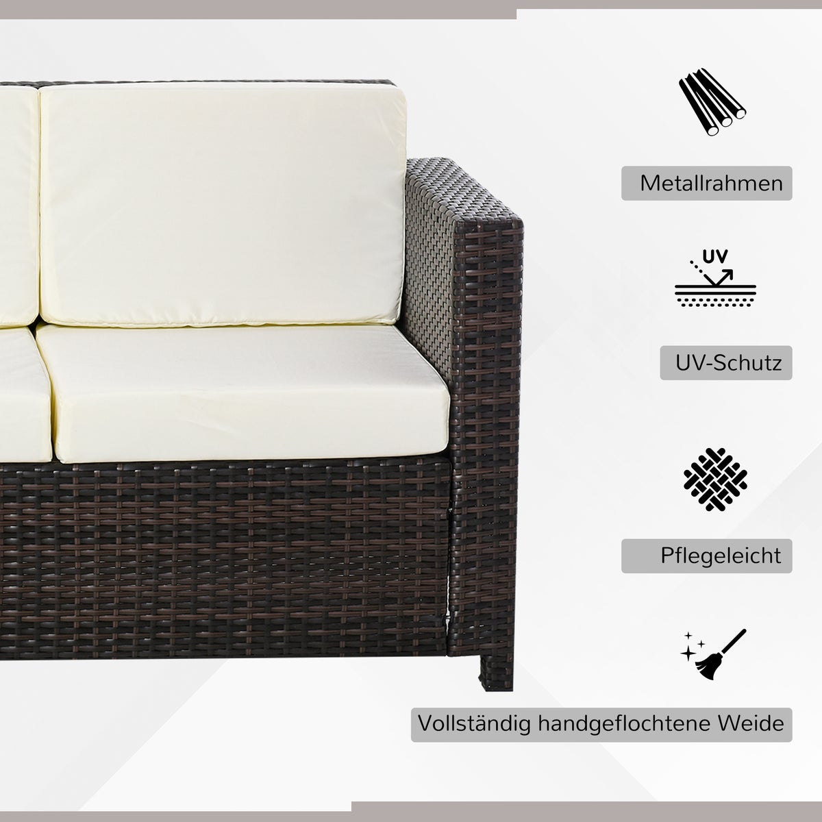 Outsunny Poly-Rotan Sofa met Kussens, 3-zits tuinloungebank, 185 x 70 x 80 cm, Metaal, Polyester, Bruin+Wit