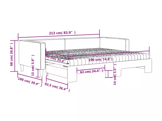 Lit de jour avec gigogne et matelas gris clair 90x190 cm tissu