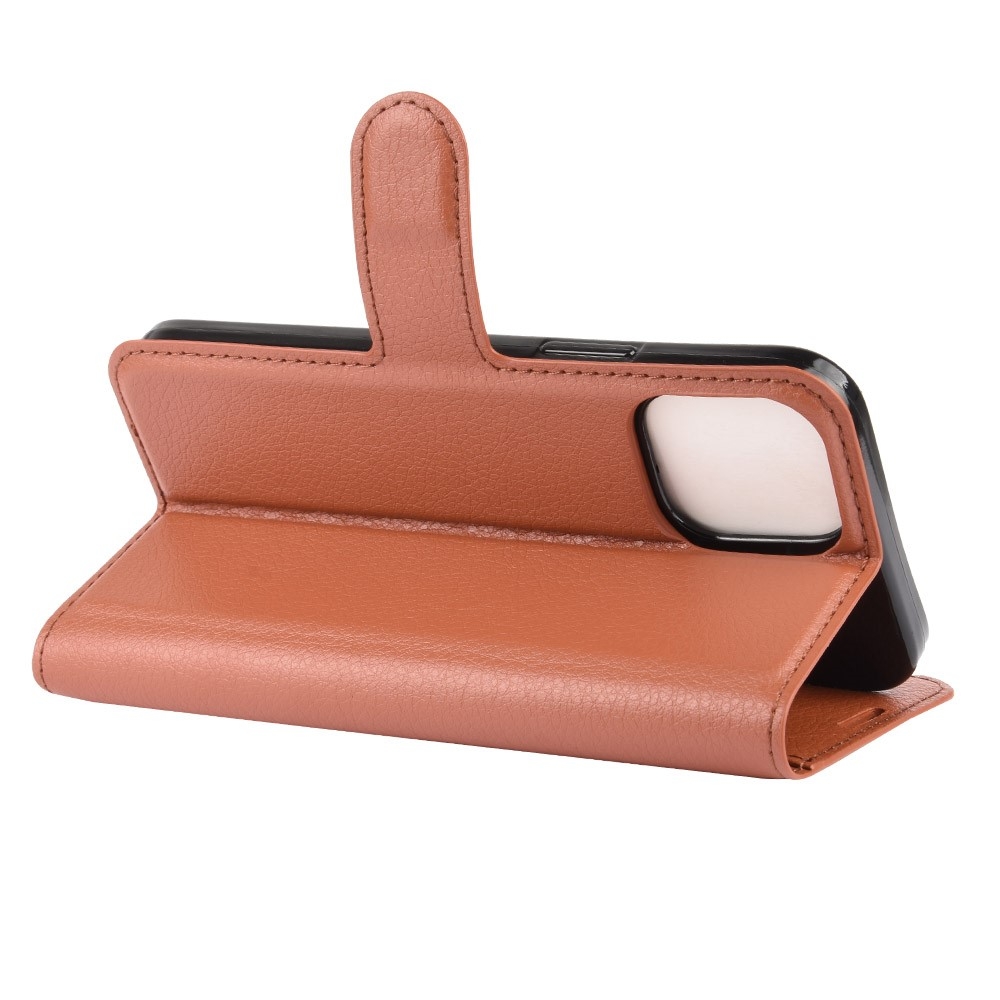 iPhone 12 / iPhone 12 Pro Leder Tasche Flip Cover Litchi Look - Braun
