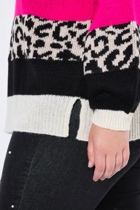 Pullover, oversized, Blockstreifen mit Leo, neon berry