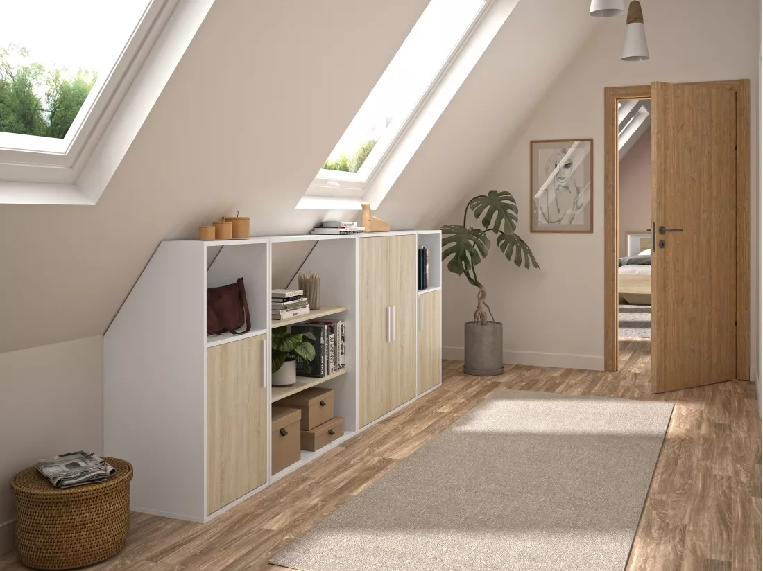 Meuble sous pente 4 portes, 2 étagères et 2 niches - Blanc et naturel - ADEZIO