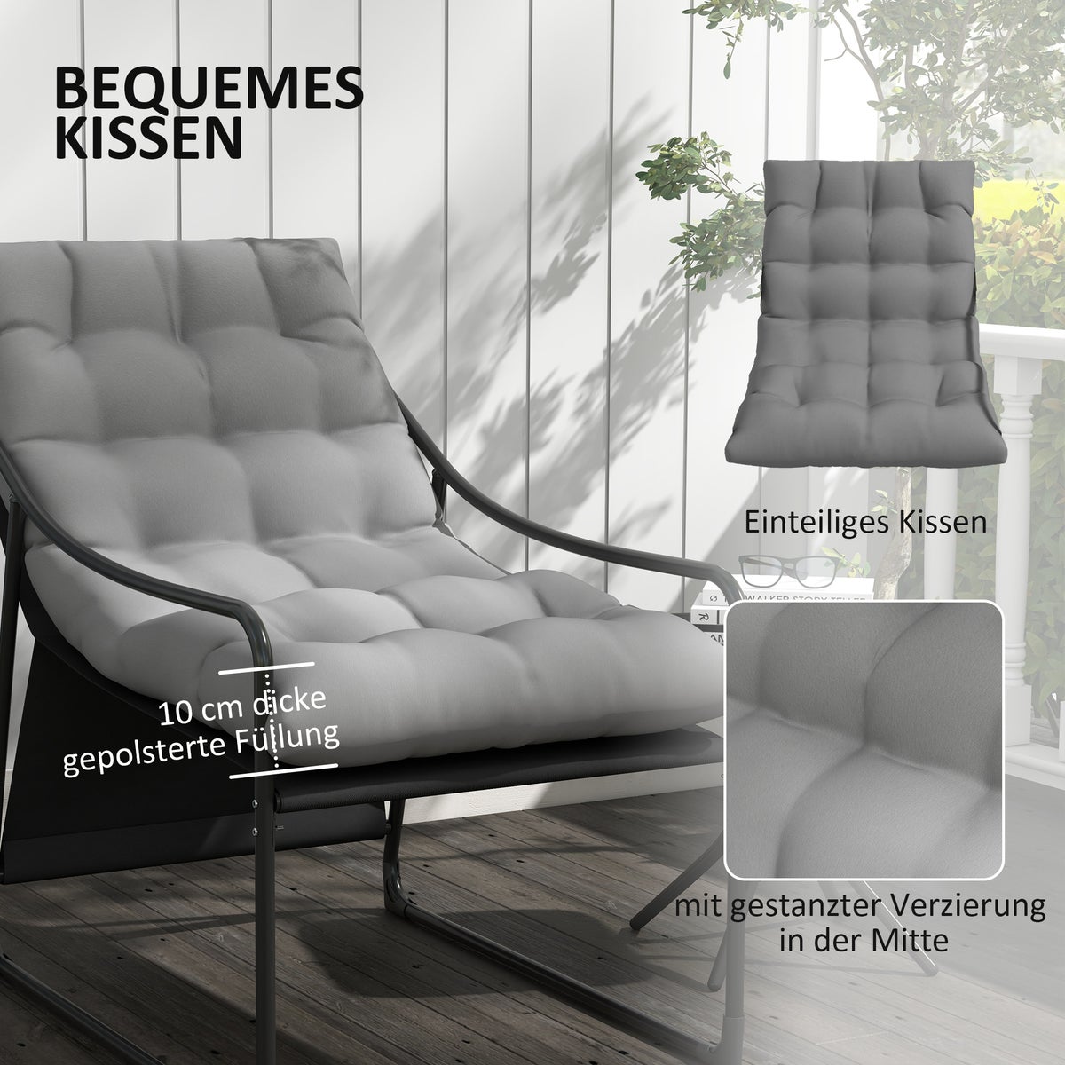 Outsunny tuinstoel, tuinstoel met dik zitkussen, 62cm x 110cm x 88cm, staal+polyester, grijs