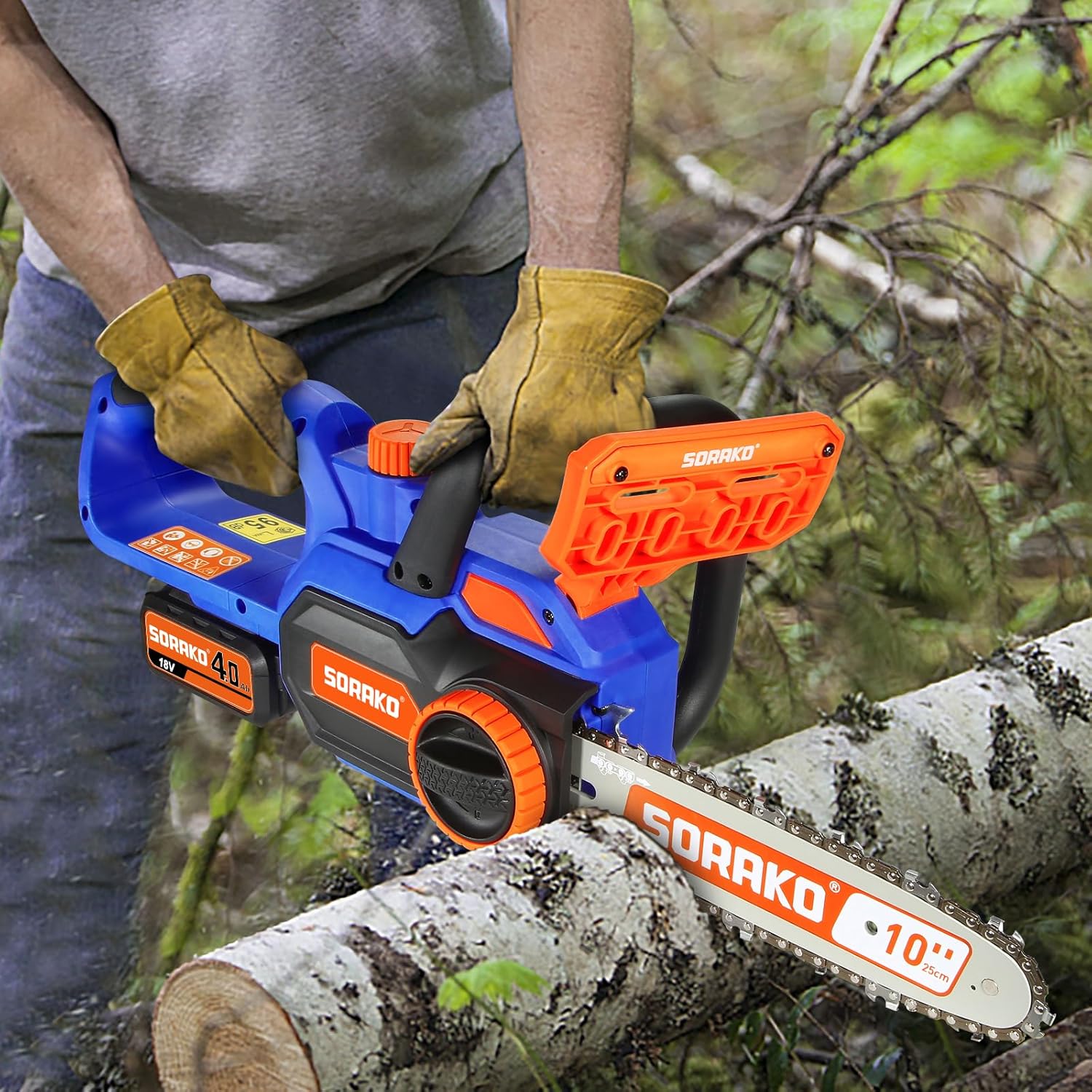 SORAKO Trononneuse Sans Fil 4.0Ah 18V, Tronconneuse a Batterie 25,4cm, Tendeur de Chaine Sans Outil (Comprend une batterie Li-Ion, chargeur rapide) Pour Couper du Bois Arbres Haies