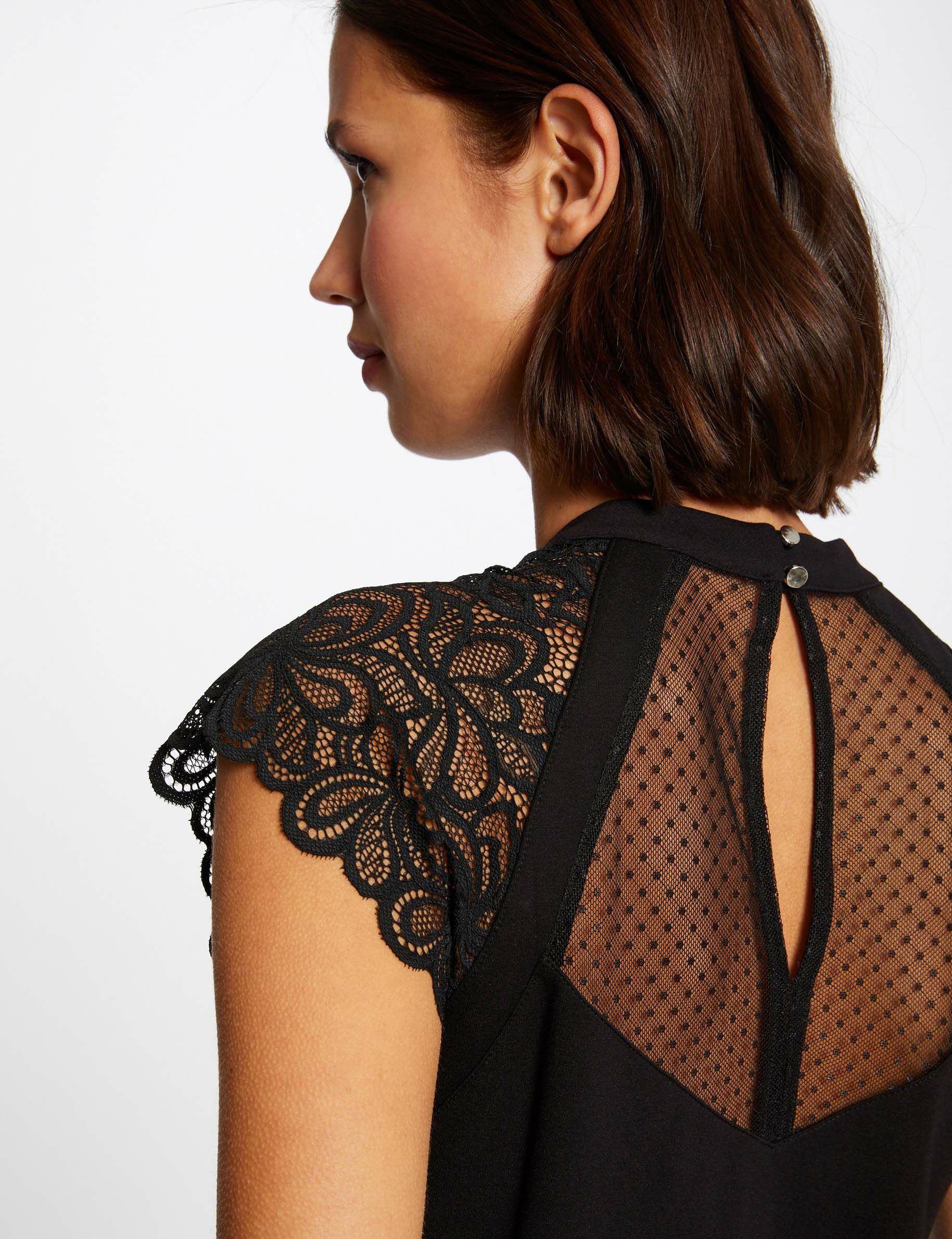 T-shirt manches courtes à dentelle noir femme - noir