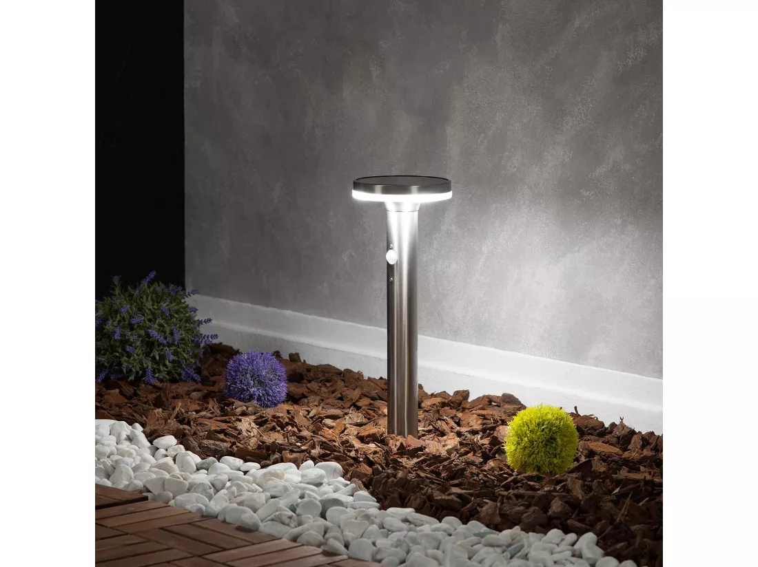Balise LED Solaire Extérieure Helios Inox 6W en Saillie sur Pied 45cm avec Détecteur de Mouvement Helios Inox 3000K Blanc chaud