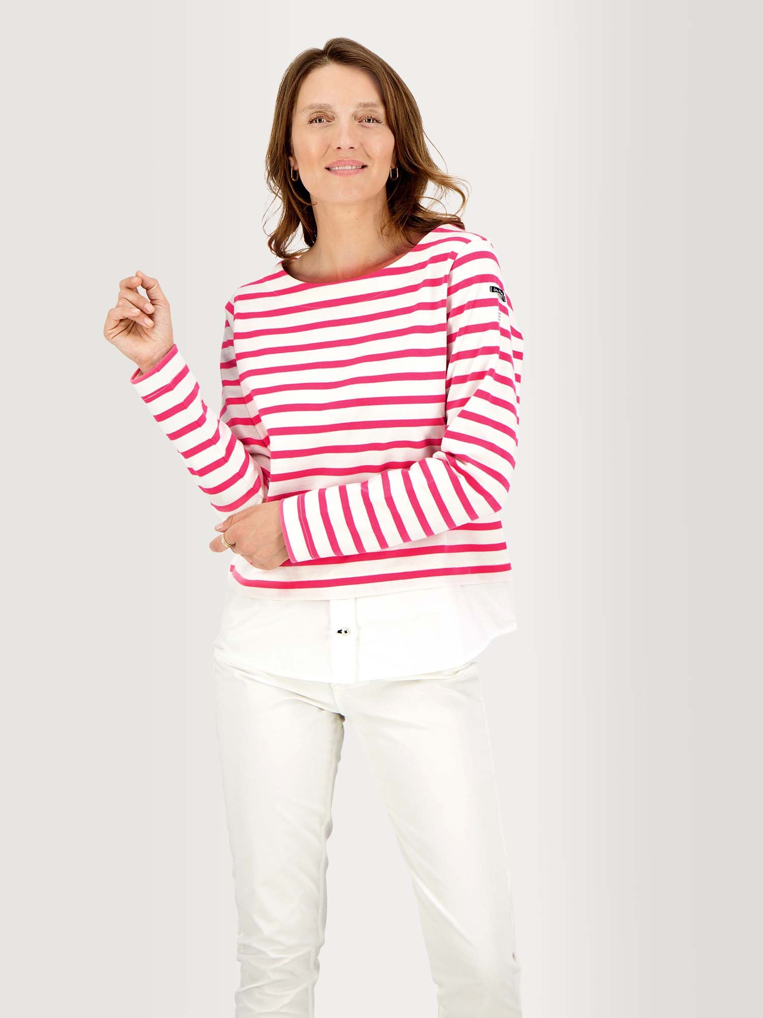 Sweat Femme Marinière Coton Blanc et Fuschia