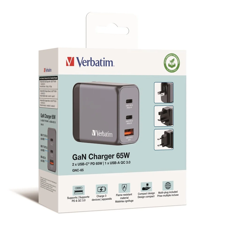 Verbatim - GNC-65 GaN oplader 3 port 65W USB-A/USB-C