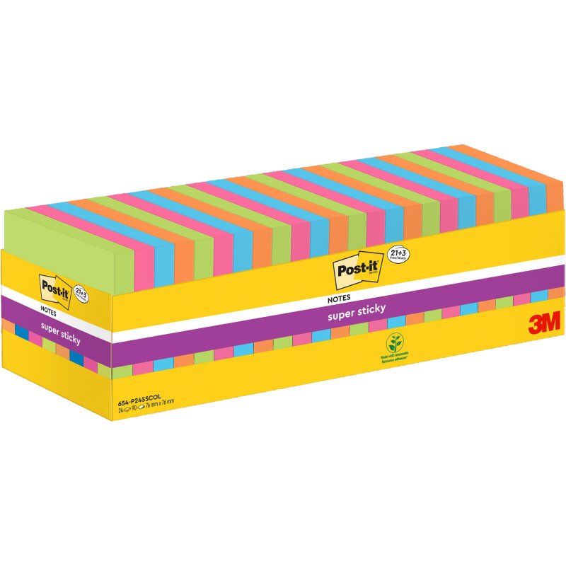Pack de 21 notes repositionnables couleurs Super Sticky Post-It 76 x 76 mm - bloc de 90 feuilles+ 3 notes offertes