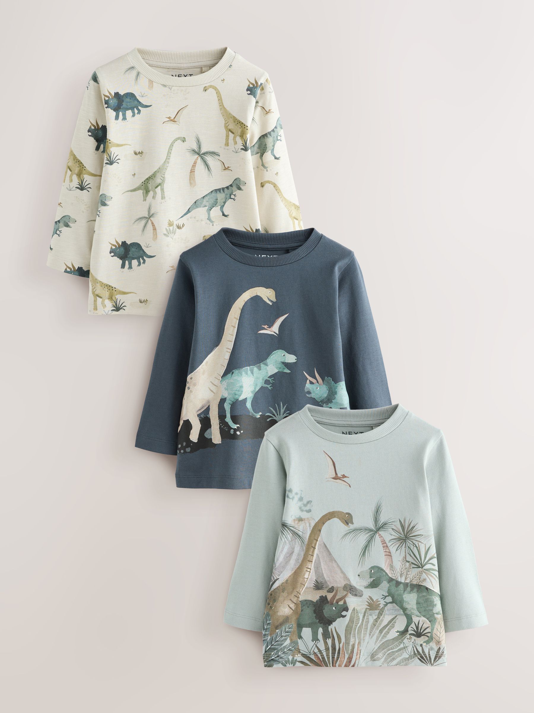 Mineraalkleurig aquarel met dinosaurus - Set van 3 T-shirts met grafische print en lange mouwen (3mnd-7jr)