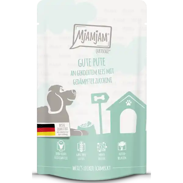 Quetschie - gute Pute an gekochtem Reis mit gedämpfter Zucchini