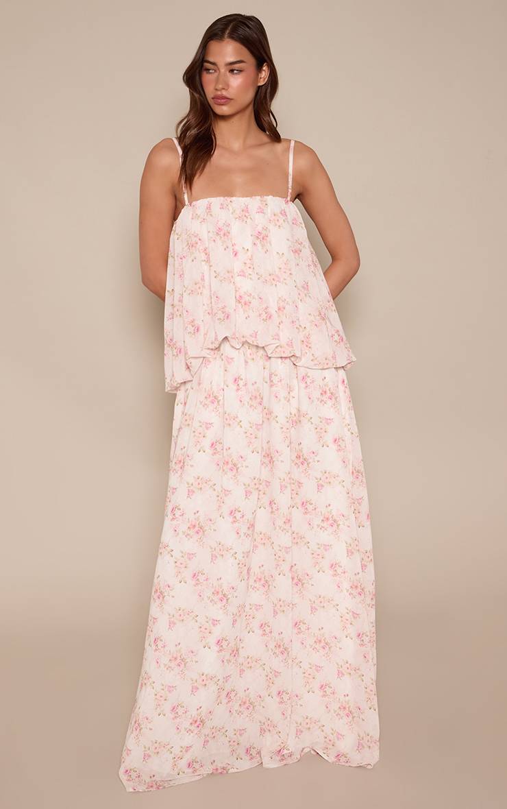 Rose Robe Maxi Bouffante En Mousseline À Imprimé Fleuri Ditsy