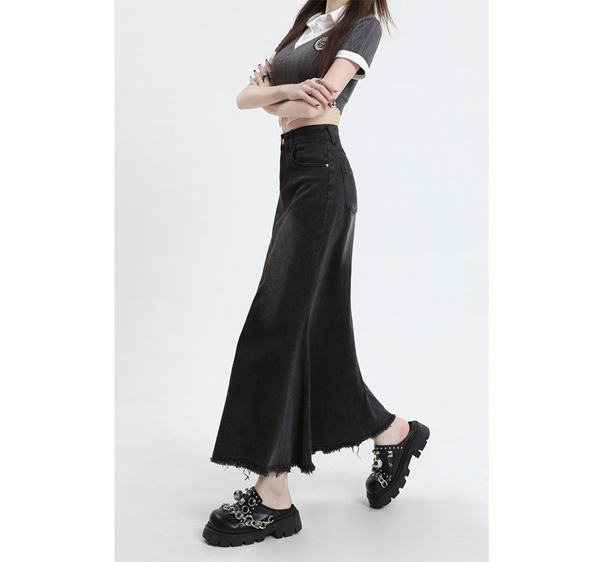Denimot - Denim maxi-rok met hoge taille en franjes aan de zoom