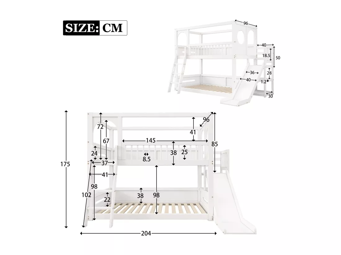 Lit superposé 2 x 90 x 200 cm avec étagères et toboggan - lit cabane enfant en bois massif - sommier à lattes - blanc
