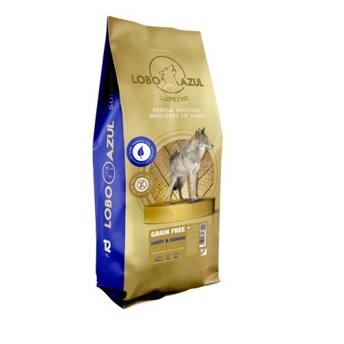 Ração para cães Blue Wolf Grain Free Light com sabor de frango.