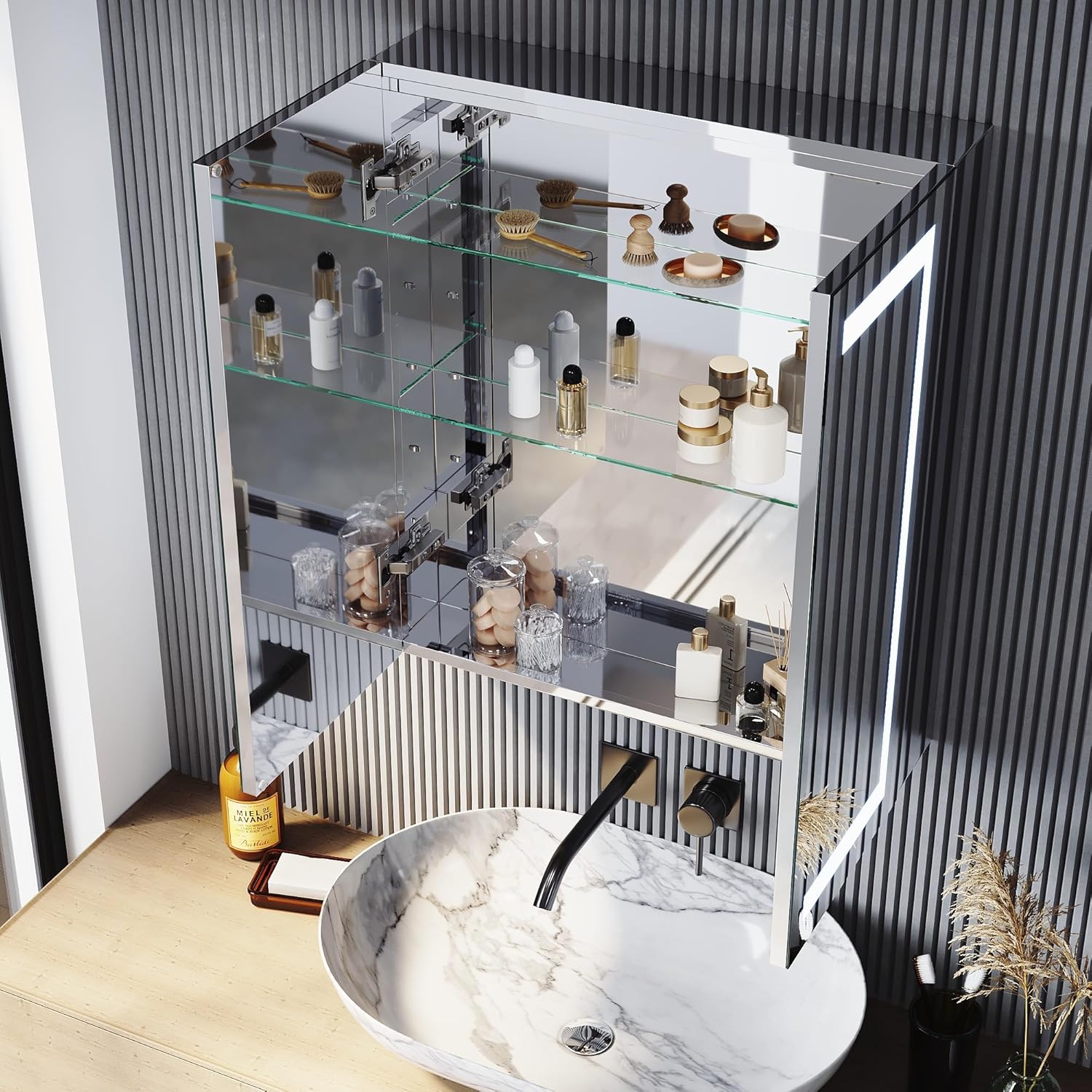 SONNI Spigelschrank mit Beleuchtung 60x70cm beschlagfrei Badspiegelschrank mit Rasiersteckdose und Touch-Schalter Edelstahl Badezimmer-Spiegelschrank