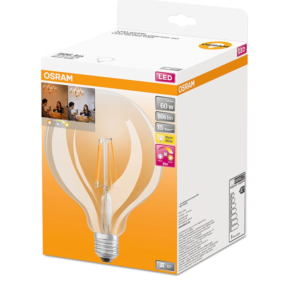 LYSPÆRE OSRAM LED GLOBE 60 E27 FIL GLOWDIM 806LM 7,0W