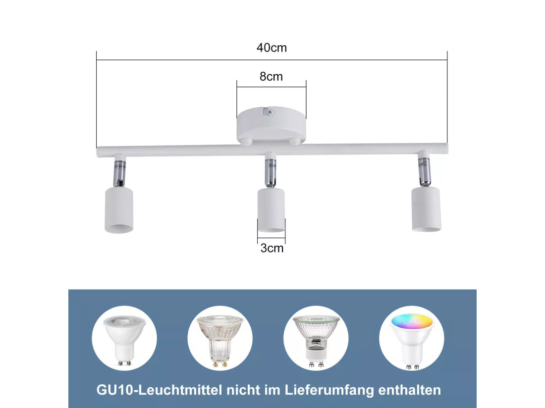 NETTLIFE Spot de plafond LED 3 ampoules plafonnier - plafonnier d'intérieur GU10 blanc chaud moderne
