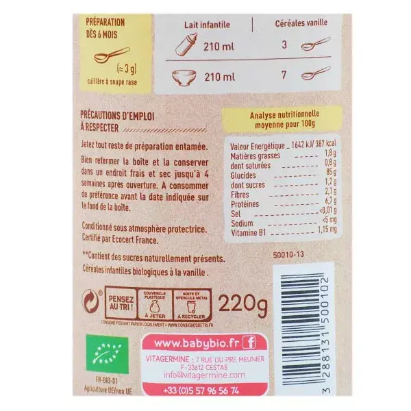 Babybio 5 Grãos Baunilha Arroz, Trigo, Aveia, Centeio, Quinoa +6 meses Orgânico 220g