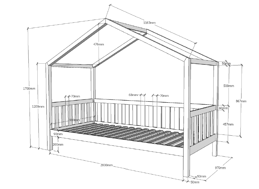 Hausbett DALLAS - weiß - Kiefer massiv - 90x200 cm - Textilhimmel