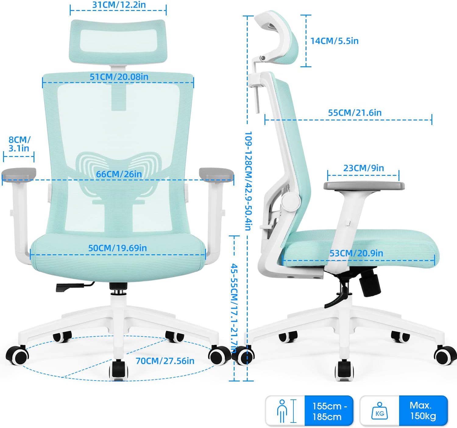 Daccormax Bürostuhl Ergonomisch, Schreibtischstuhl mit Verstellbarer Kopfstütze, Armlehnen, Lendenwirbelstütze, Drehstuhl Wippfunktion, Chefsessel aus Mesh,Rückenschonend, Bürostuhl 150kg