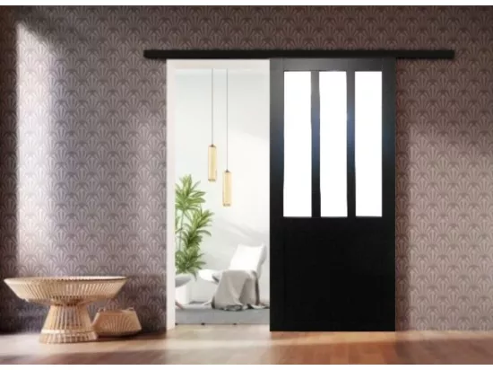 Porte Coulissant Atelier Noir Vitre Depoli H204 X L73 + Rail Alu Bandeau Noir Gd Menuiseries