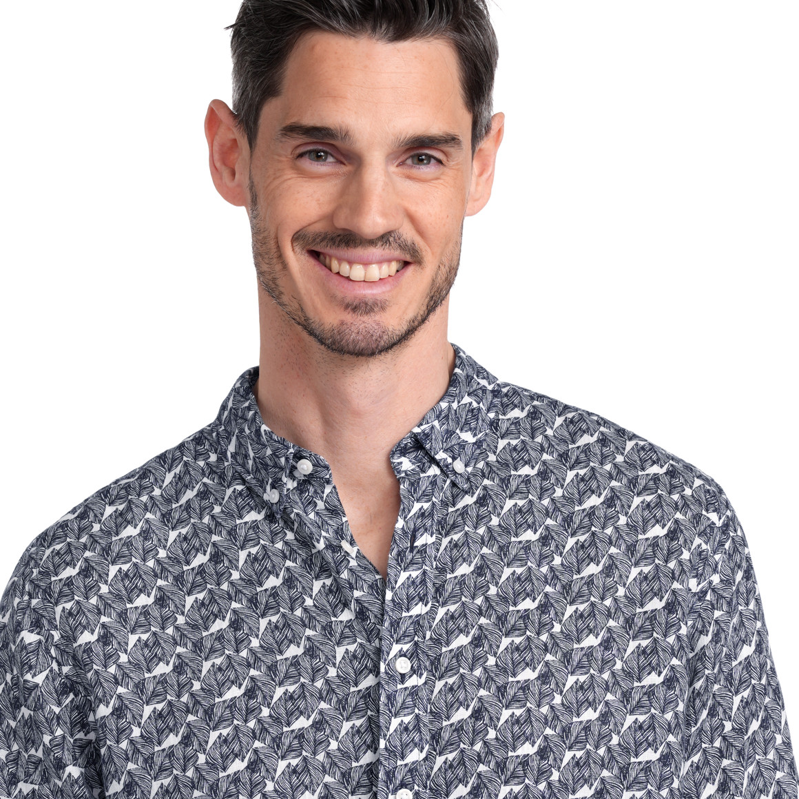 VanVaan Herren Leinen-Hemd mit Allover-Muster dunkelblau / weiss