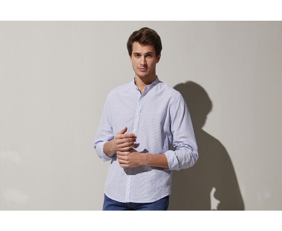 Chemise seersucker à rayures fines bleues foncées et blanches - COLBERT