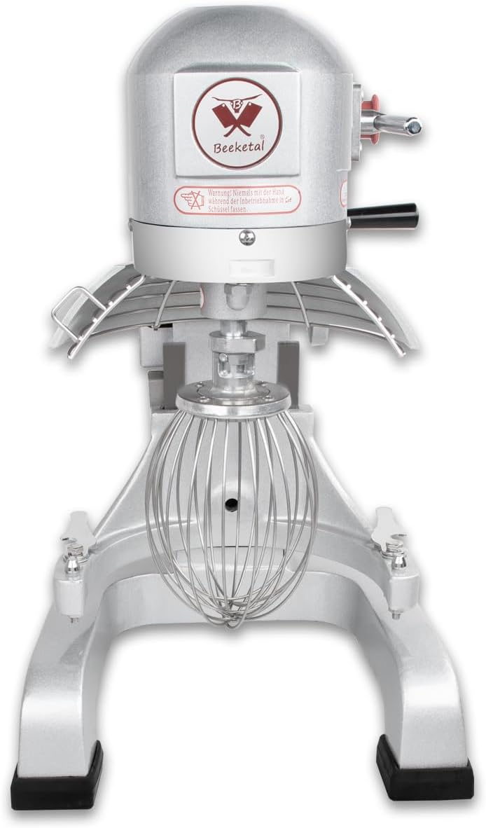 Beeketal 'BSM10P' Profi Teigknetmaschine mit Planetenrührwerk 10 Liter Kapazität (3 Stufen 105, 170, 340 U/min), Knetmaschine inkl. Knethaken, Schneebesen und Flachrührer - silber lackiert