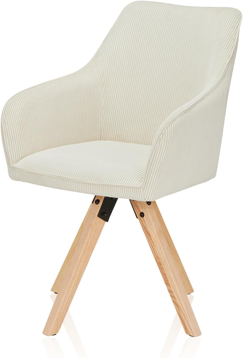 KHG Esszimmerstuhl drehbar, Drehstuhl mit Armlehnen Cord Beige, Stuhlbeine Holz Esche, Küchenstuhl, Polsterstuhl, Essstuhl, Armlehnstuhl, für Esszimmer Küche Büro