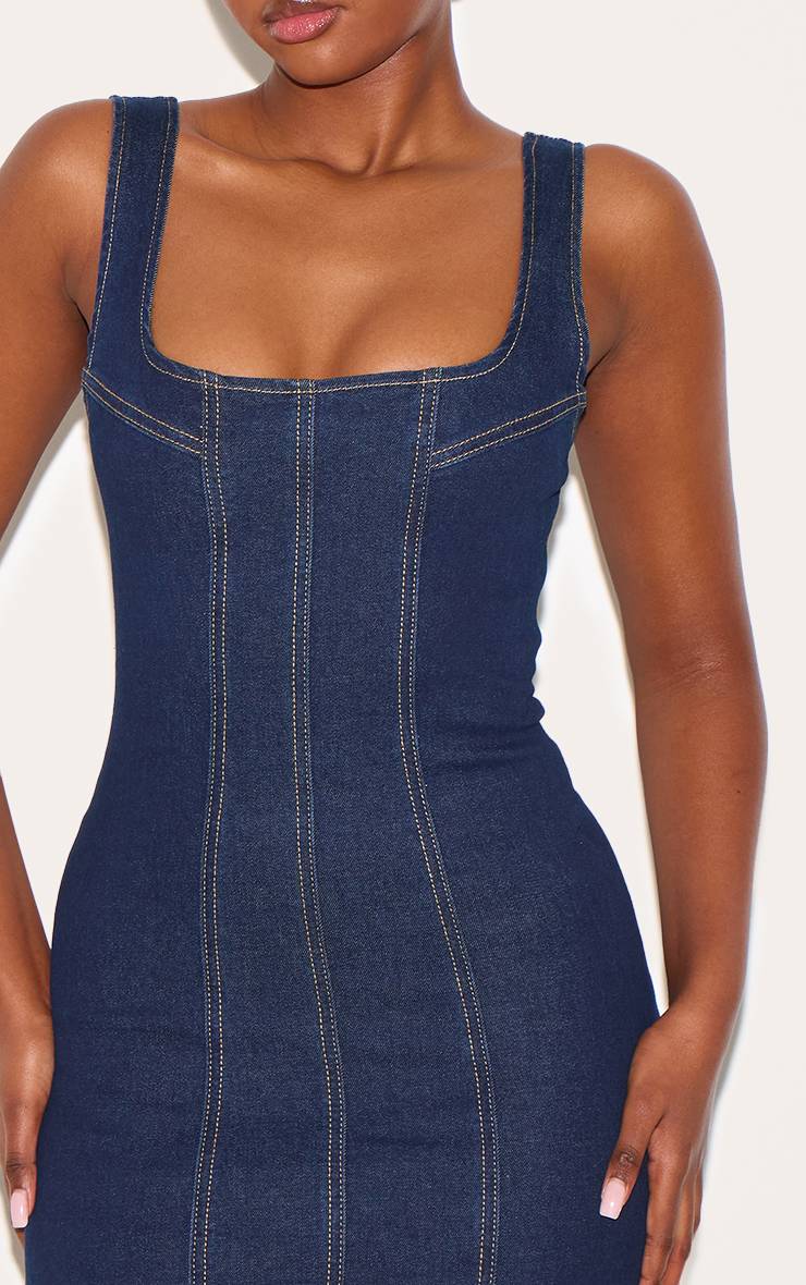 Bleu Indigo Robe Courte À Détails De Coutures