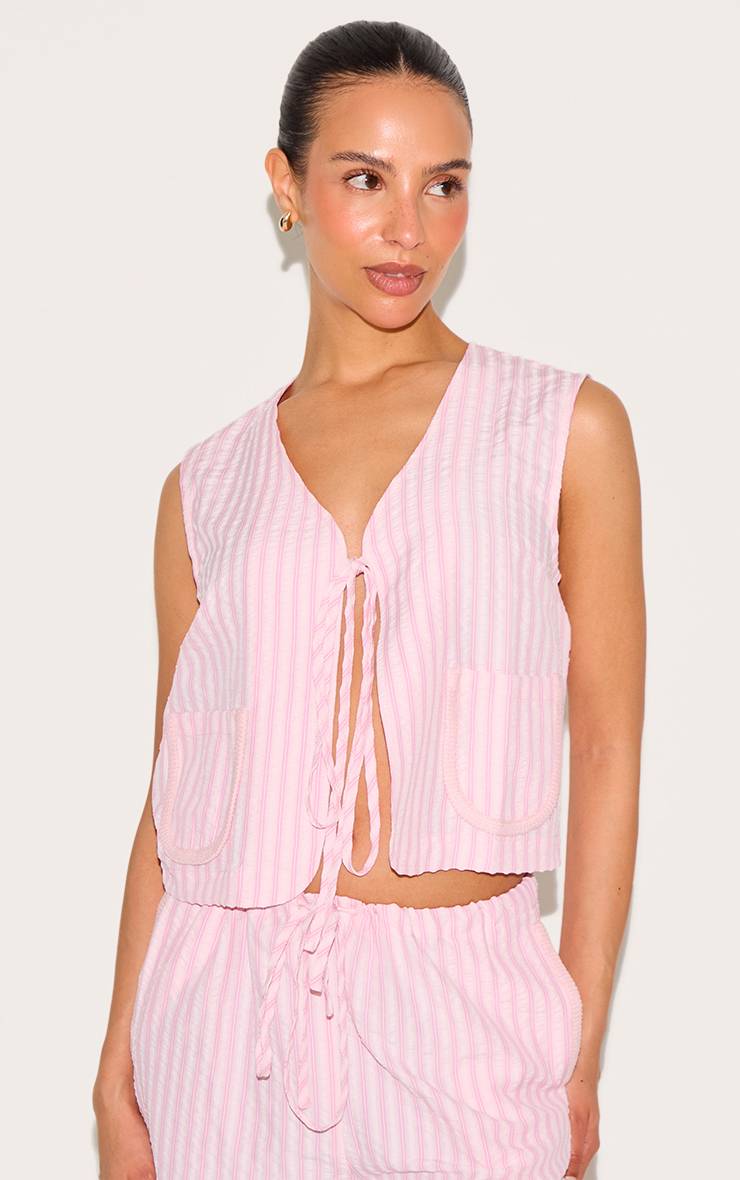 Rose Gilet Long Rayé Tissé À Nouer Devant Petite