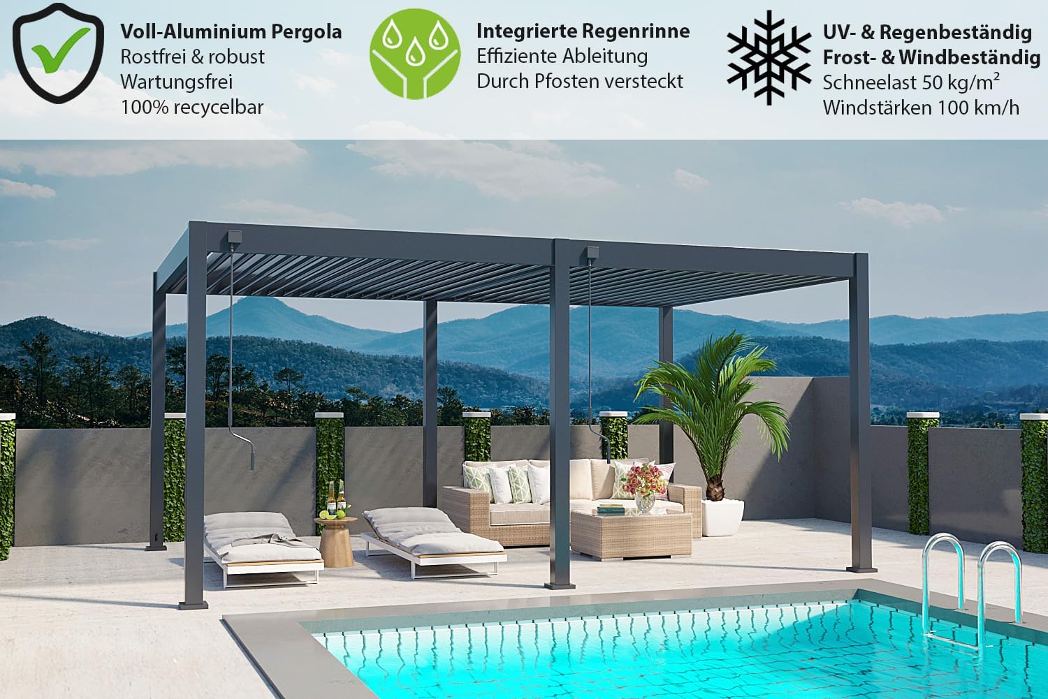 Pavillon Pergola 3,6x5,3m Terassenüberdachung freistehend mit Lamellendach verstellbar Gartenpavillon Hardtop wasserdicht stabil Winterfest Voll-Aluminium Grillpavillon Weide Deluxe Anthrazit