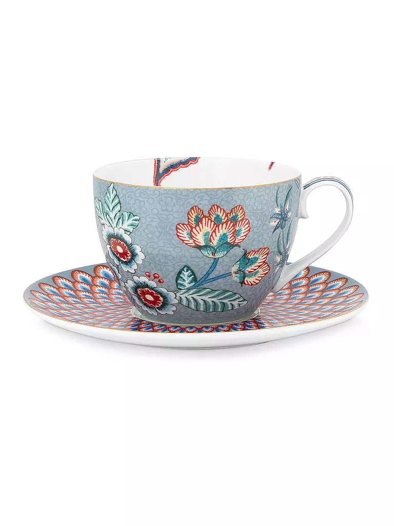 PIP STUDIO Cappuccinotasse mit Untertasse 280ml FLOWER FESTIVAL Light Blue hellblau
