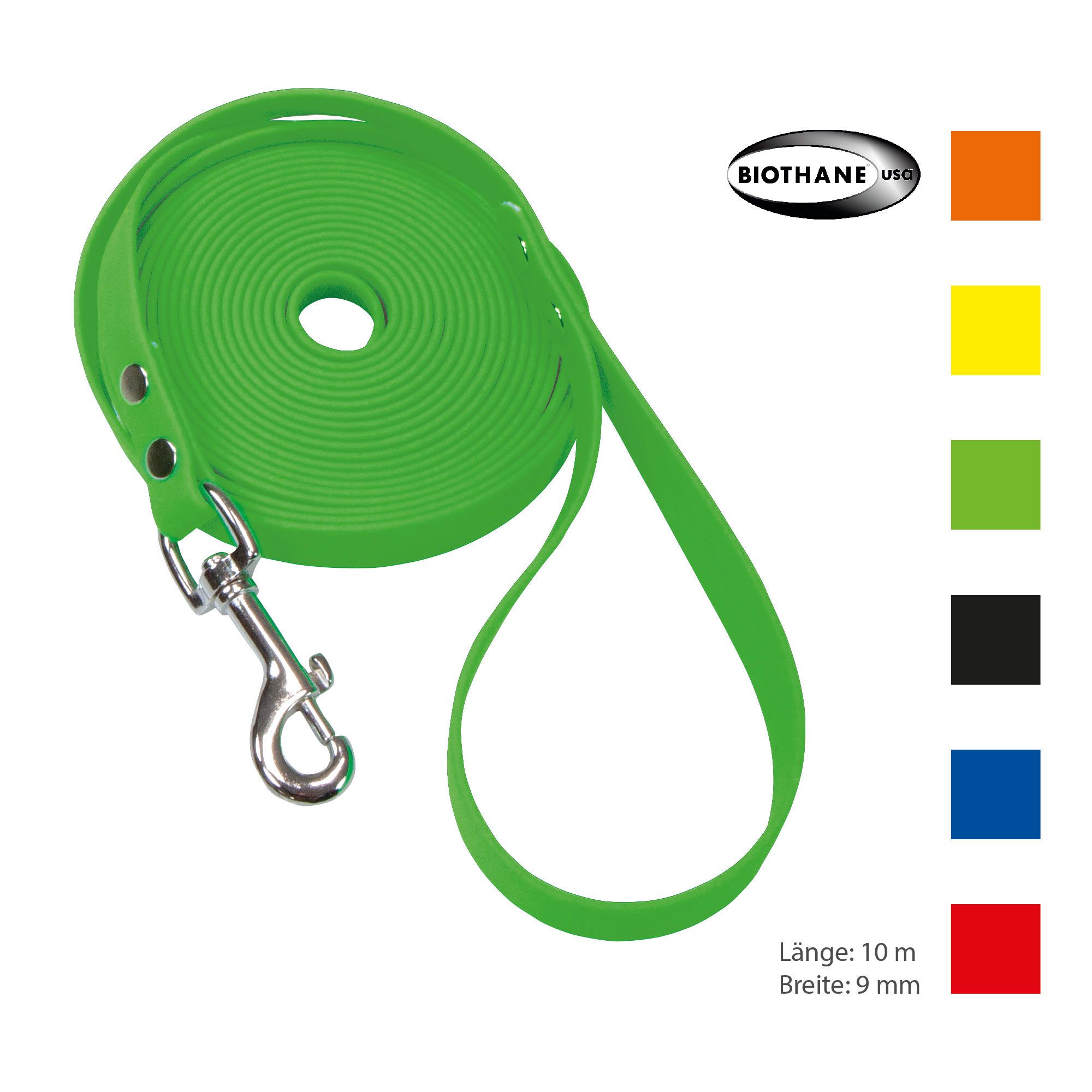 Schecker Biothane® Schleppleine mit Handschlaufe, 10m/9mm nimmt kein Wasser auf