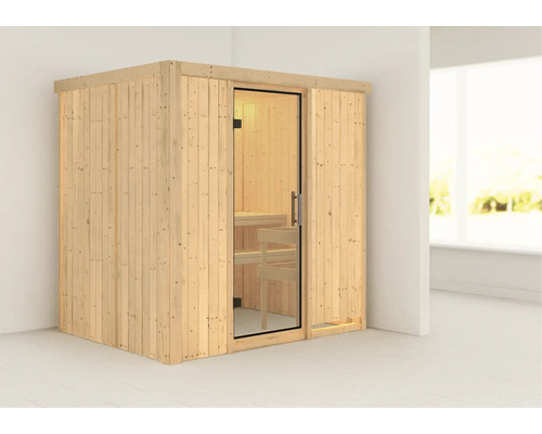 Karibu Bodina modulaire sauna zonder oven, zonder dakrand, met volledig glazen deur van helder glas