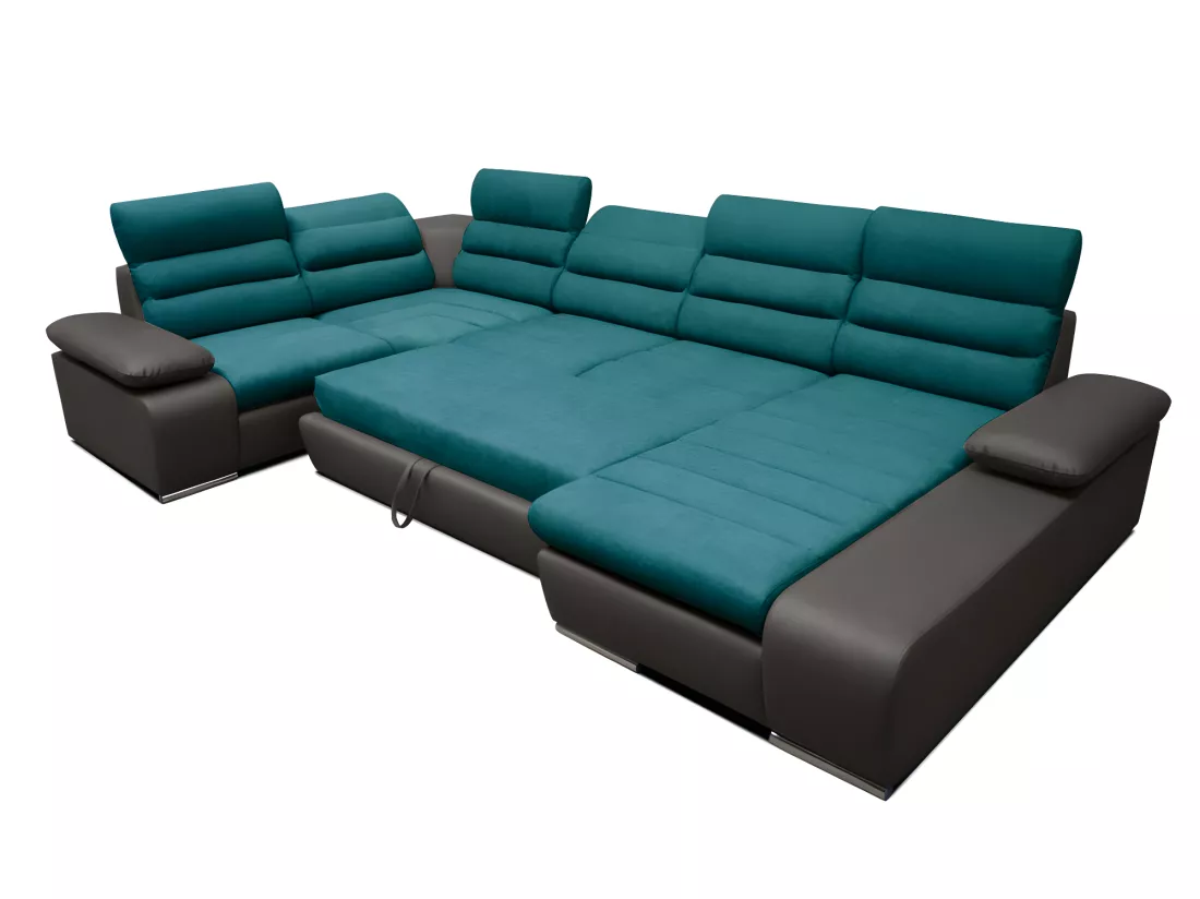 Canapé d'angle panoramique convertible en tissu et simili BOILEAU - Bicolore turquoise/anthracite - Angle droit