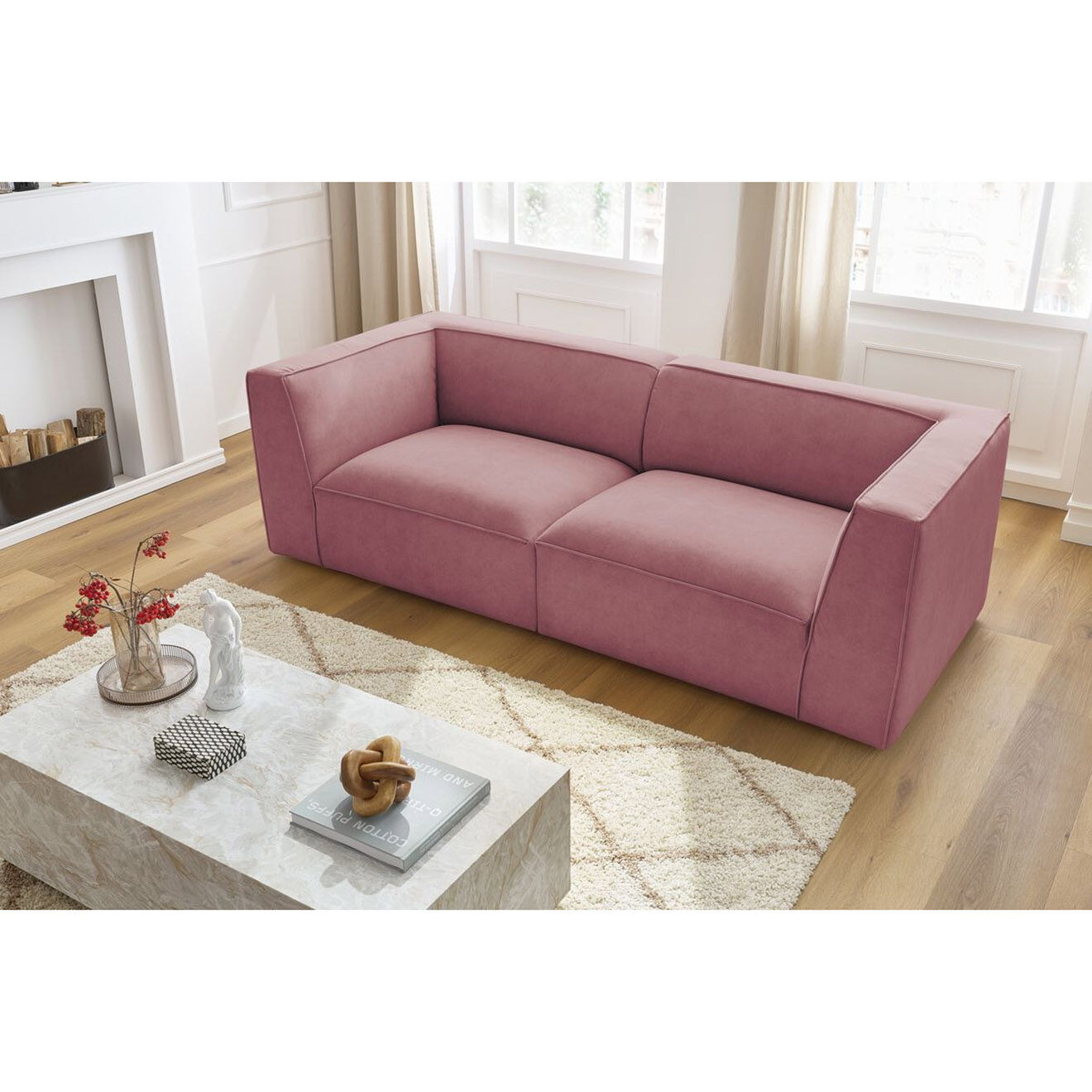 Bobochic Canapé droit fixe 3 places en Velours Molière rose - 233x99x71 cm